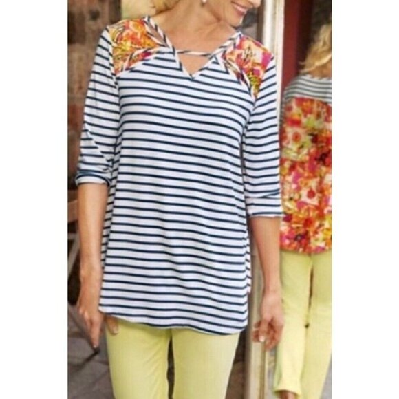 Soft Surroundings Women Striped Front Floral linen blend beachy Back Top Size XL - Picture 1 of 9